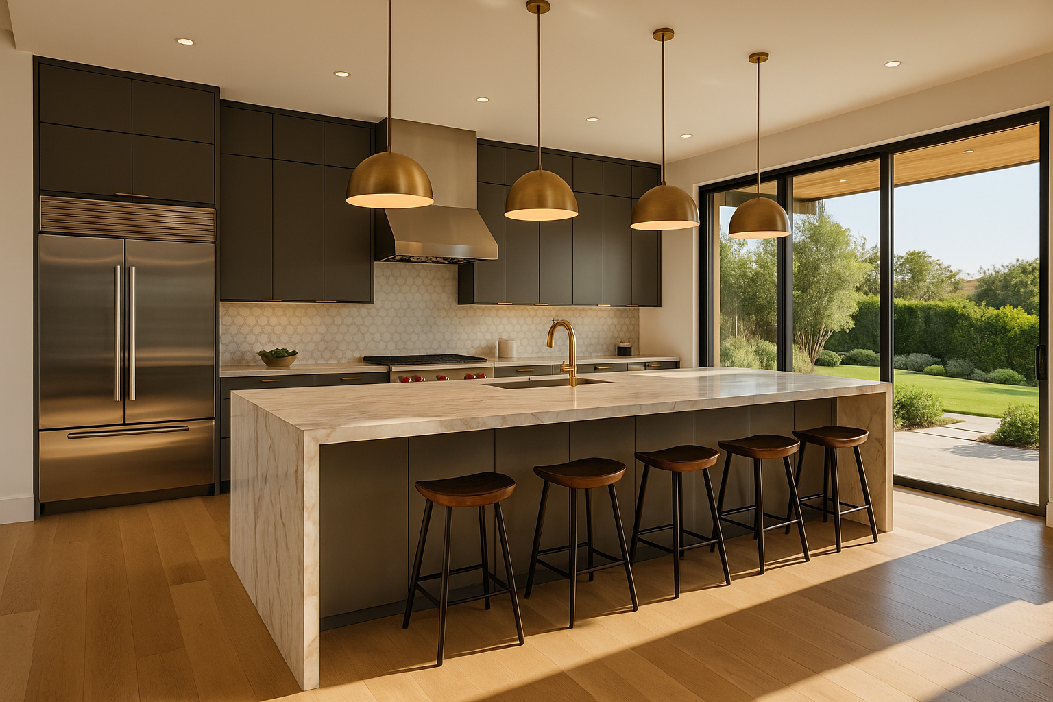 Luxury open-concept kitchen in Encino, California, featuring Calacatta Gold marble island, custom cabinetry, and high-end appliances.