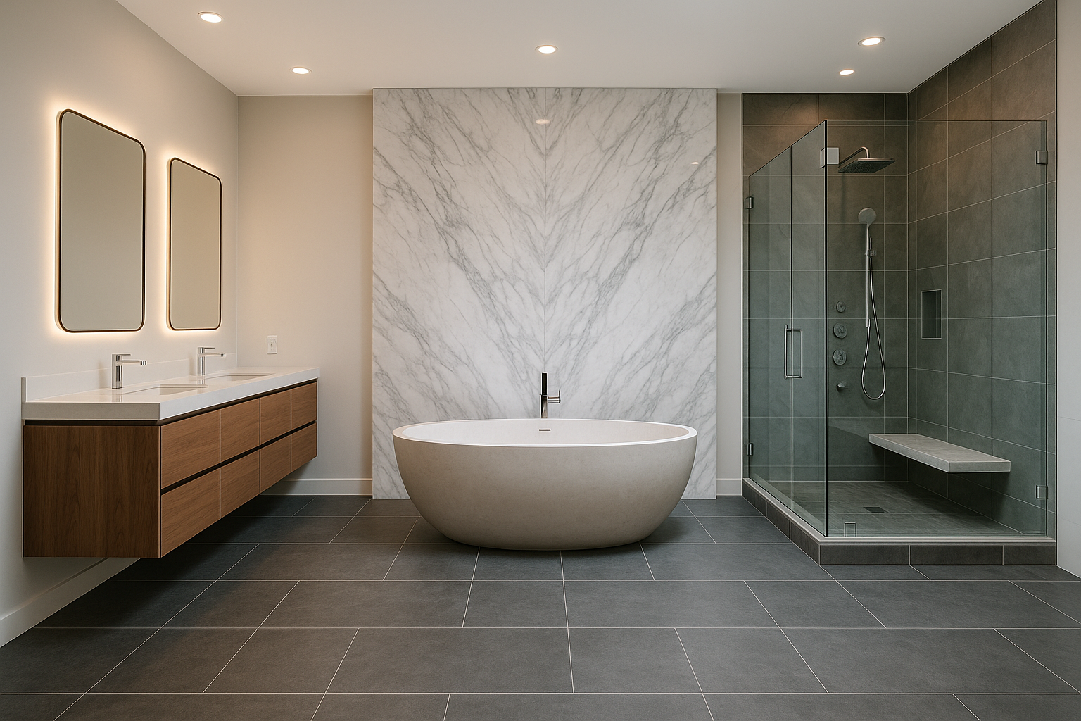 Luxurious master bathroom in Encino with a freestanding stone tub, Carrara marble wall, and walnut floating vanity.
