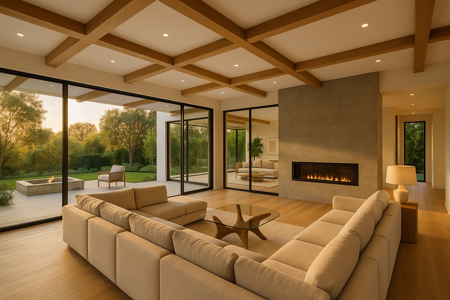 Great room in Encino with white oak beams, floor-to-ceiling glass walls, and seamless indoor-outdoor living design.