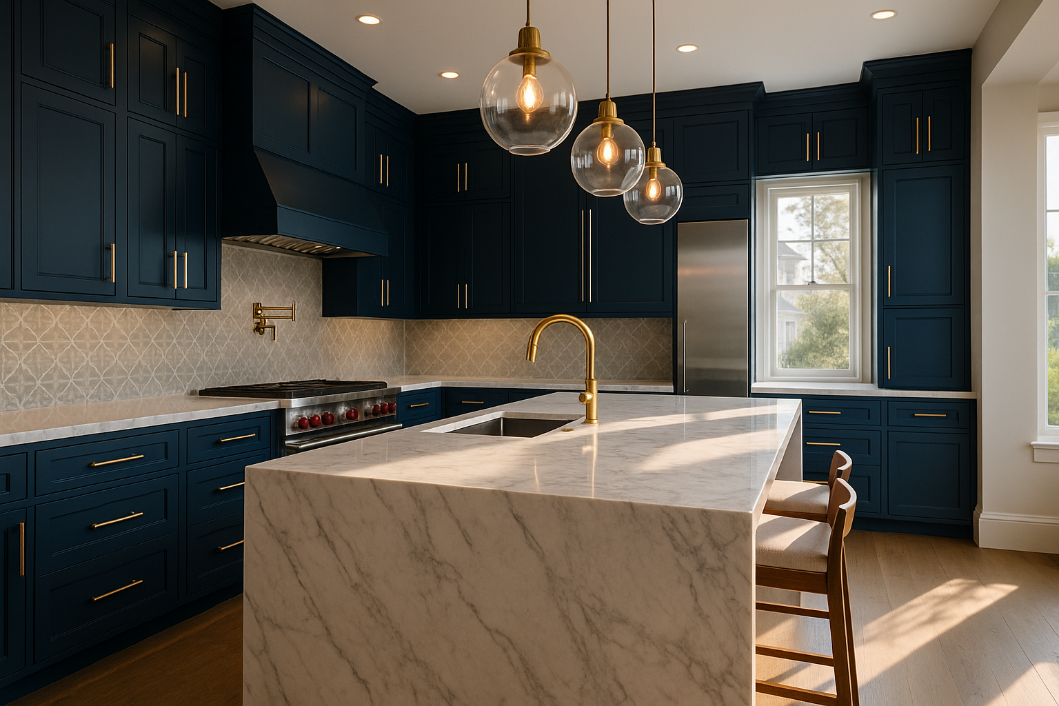 Luxurious Noe Valley kitchen with Calacatta marble, navy cabinetry, and brass accents designed using the design build method.
