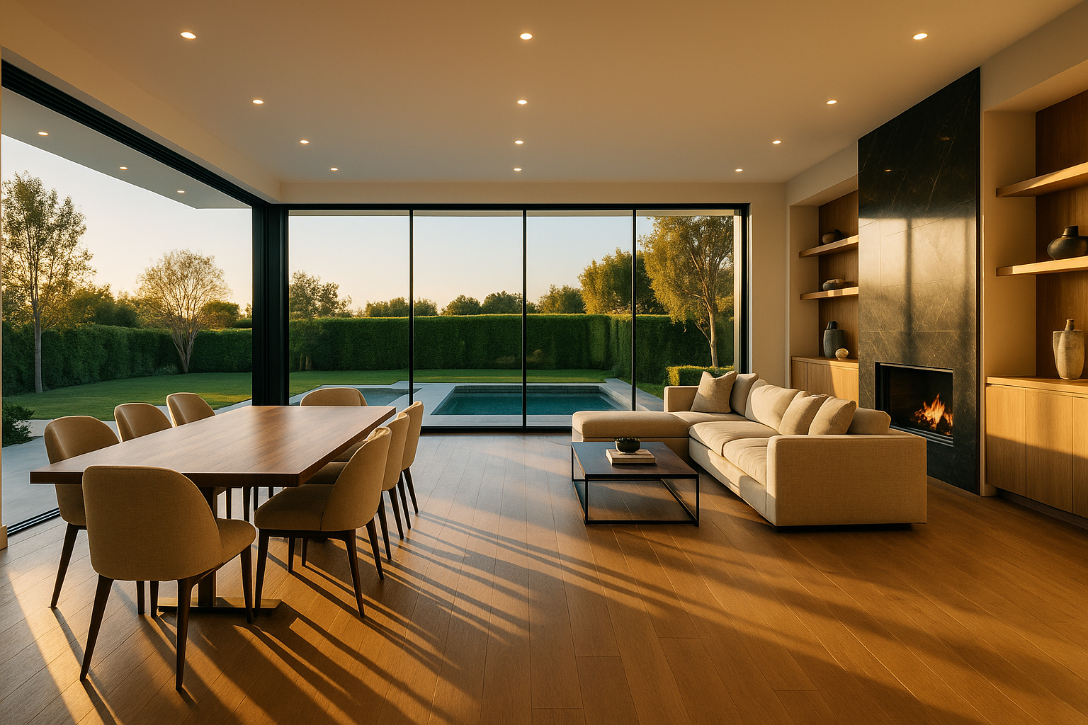 Open-concept living and dining space in a Sherman Oaks home with floor-to-ceiling glass walls, showcasing design-build remodeling.
