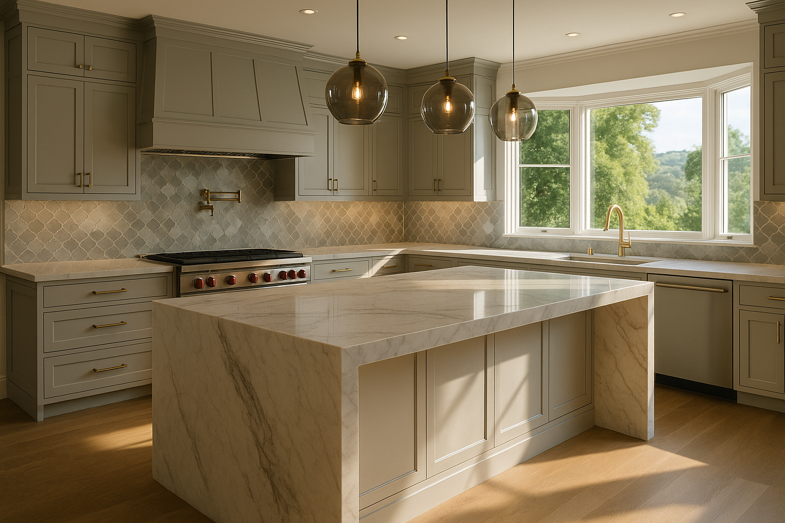 Custom kitchen remodel in Sherman Oaks with Calacatta marble island and Wolf appliances, highlighting design-build expertise.