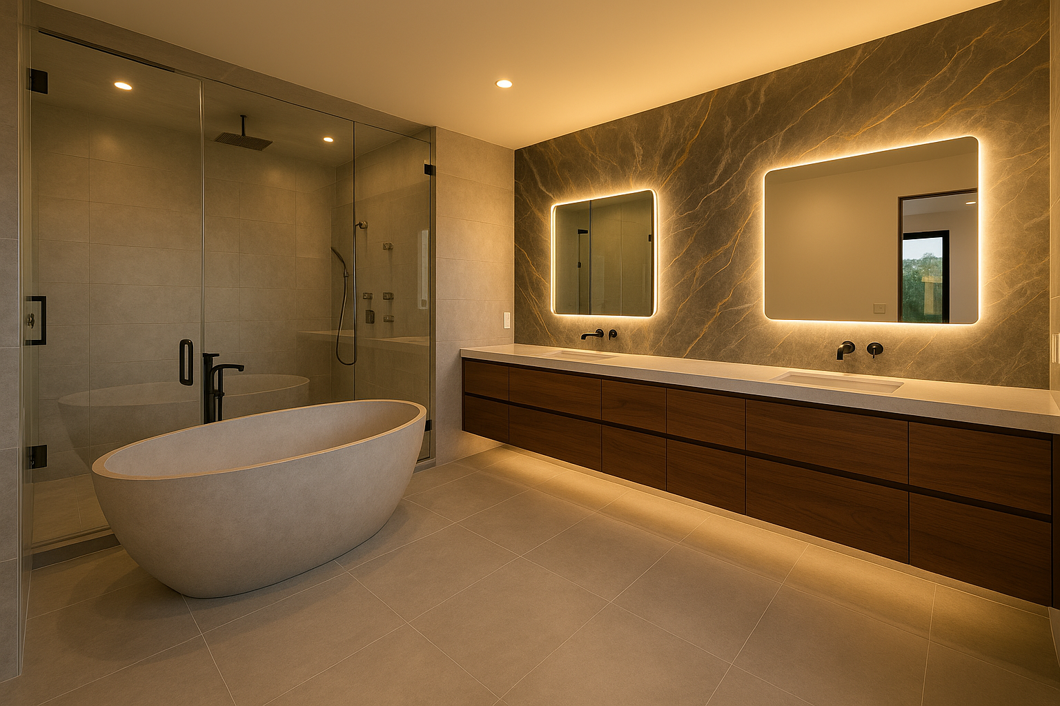 Luxury bathroom remodel in Sherman Oaks with stone tub and rainfall shower, exemplifying design-build craftsmanship.