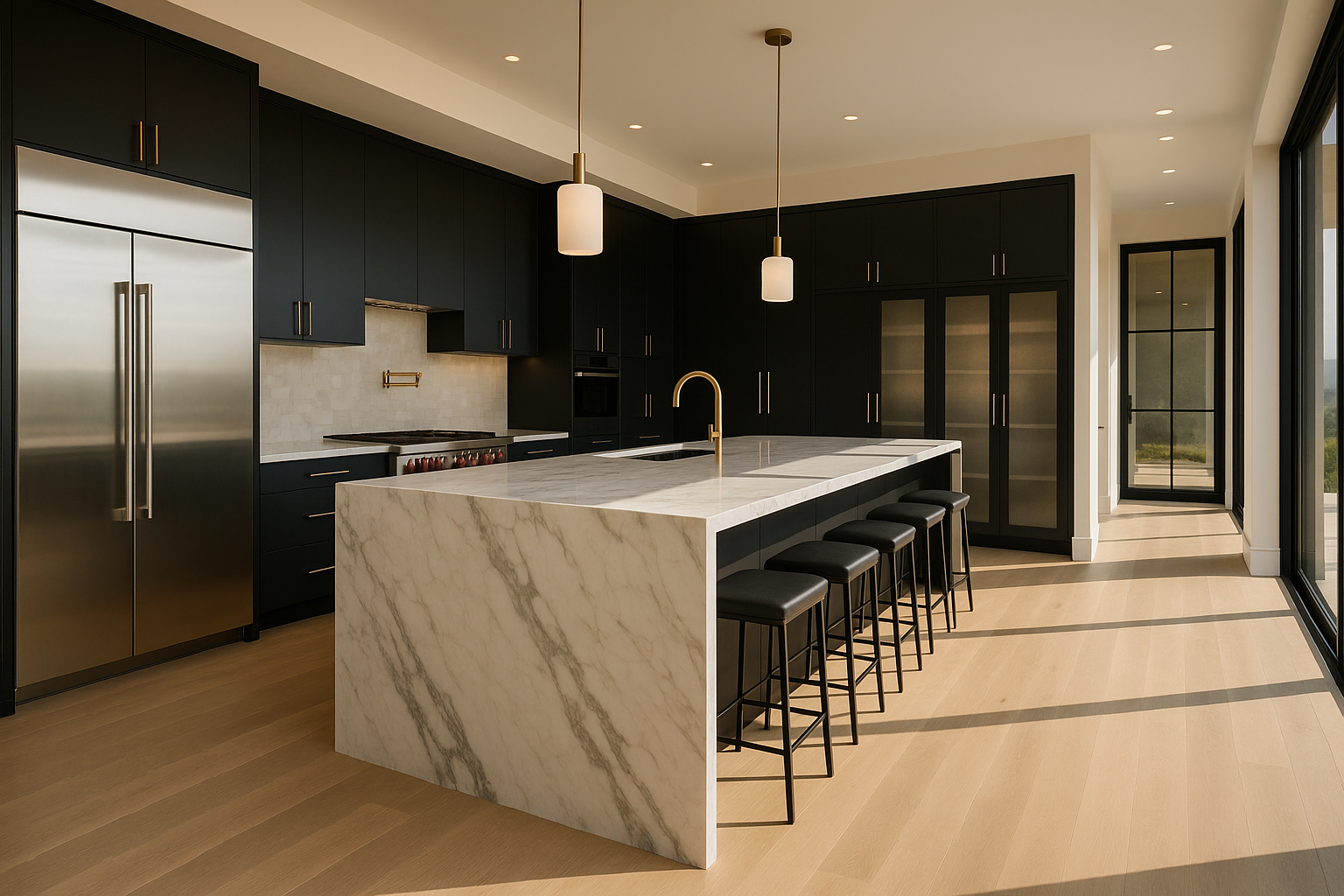 Modern kitchen remodel in Tarzana, California, featuring Calacatta marble island, Sub-Zero appliances, and Moroccan tile backsplash.