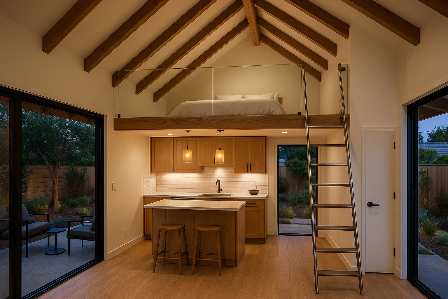 Beautiful ADU interior in Tarzana, California, with a sleeping loft, custom kitchen, and private patio.