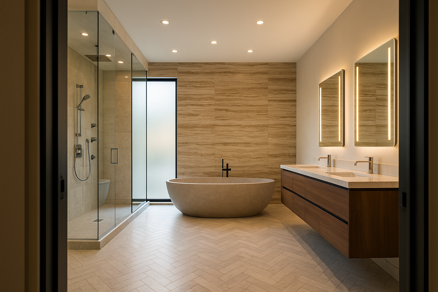 Luxury bathroom remodel in Santa Monica with freestanding stone tub, rainfall shower, and heated marble floors.
