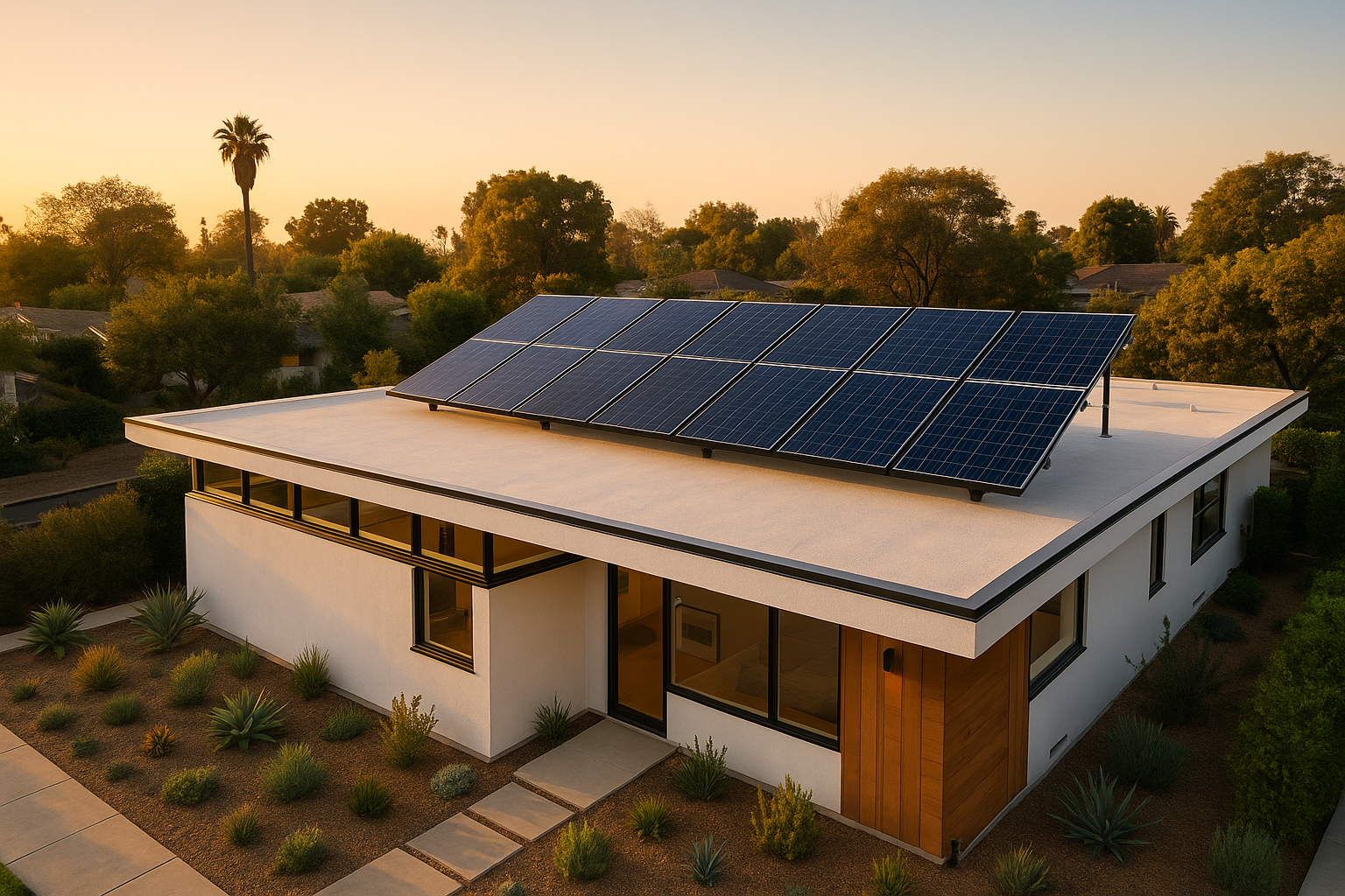 Energy-efficient solar panel installation on a mid-century modern home in Santa Monica, California.