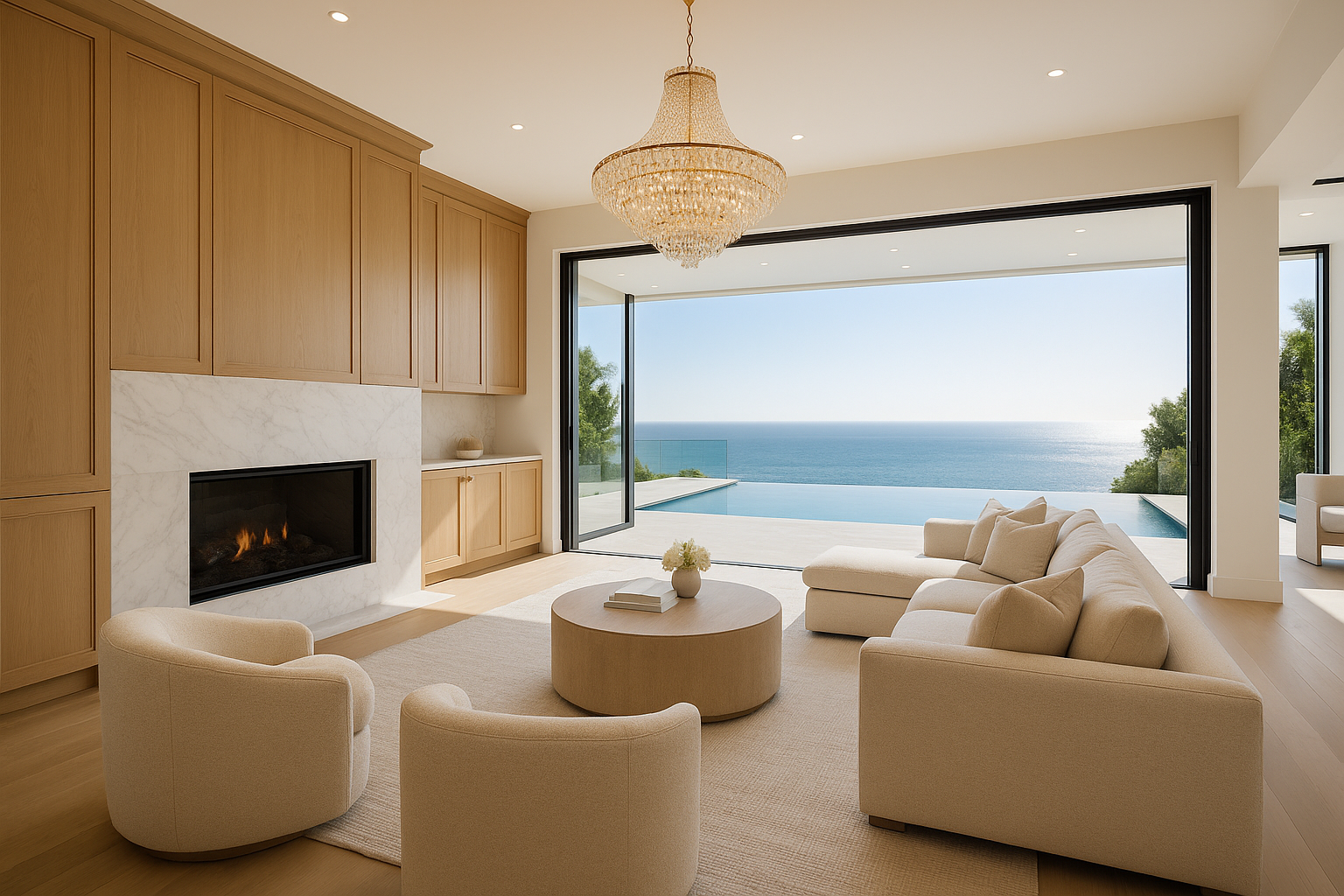 Remodeled Santa Monica living room with ocean views, infinity pool, and custom luxury finishes.