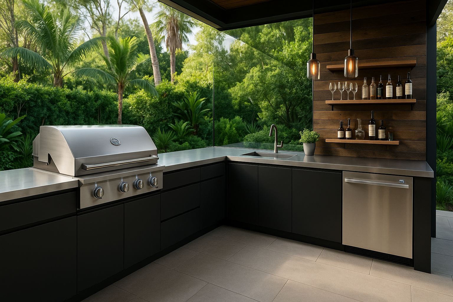 Modern outdoor kitchen with Wi-Fi-enabled appliances and lush Beverly Hills landscaping.