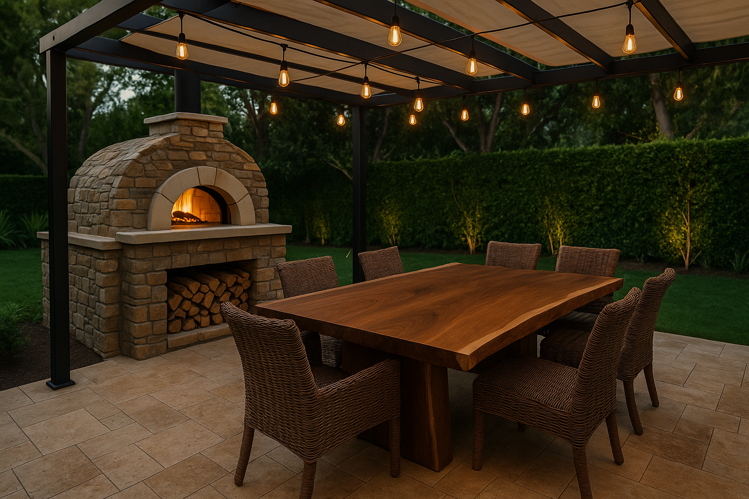 Outdoor dining area with a custom-built pizza oven in a luxurious Beverly Hills backyard.