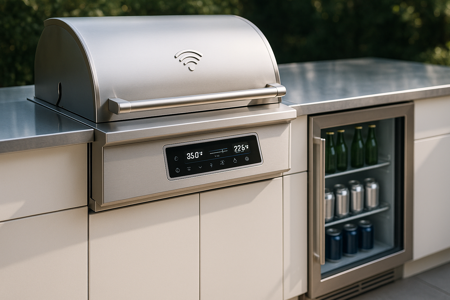 Close-up of smart technology features like a Wi-Fi-enabled grill and outdoor refrigerator in a Beverly Hills outdoor kitchen.