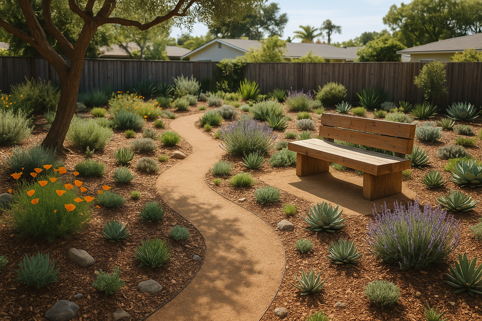 Pacific Palisades backyard with decomposed granite pathway, xeriscaping, and native California plants like succulents and poppies.