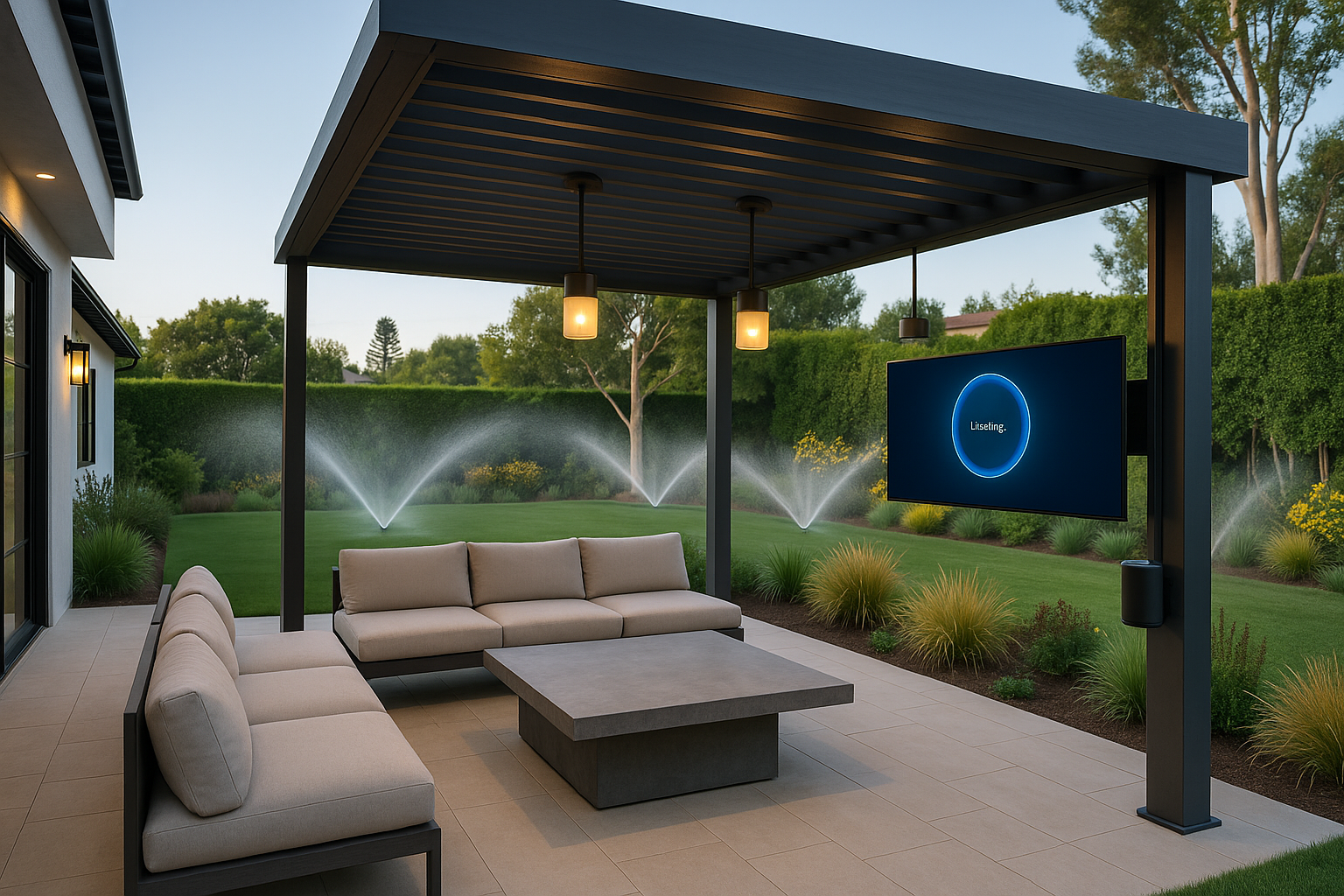 Santa Monica outdoor living space with smart lighting, voice-controlled entertainment hub, and irrigated xeriscaped garden.