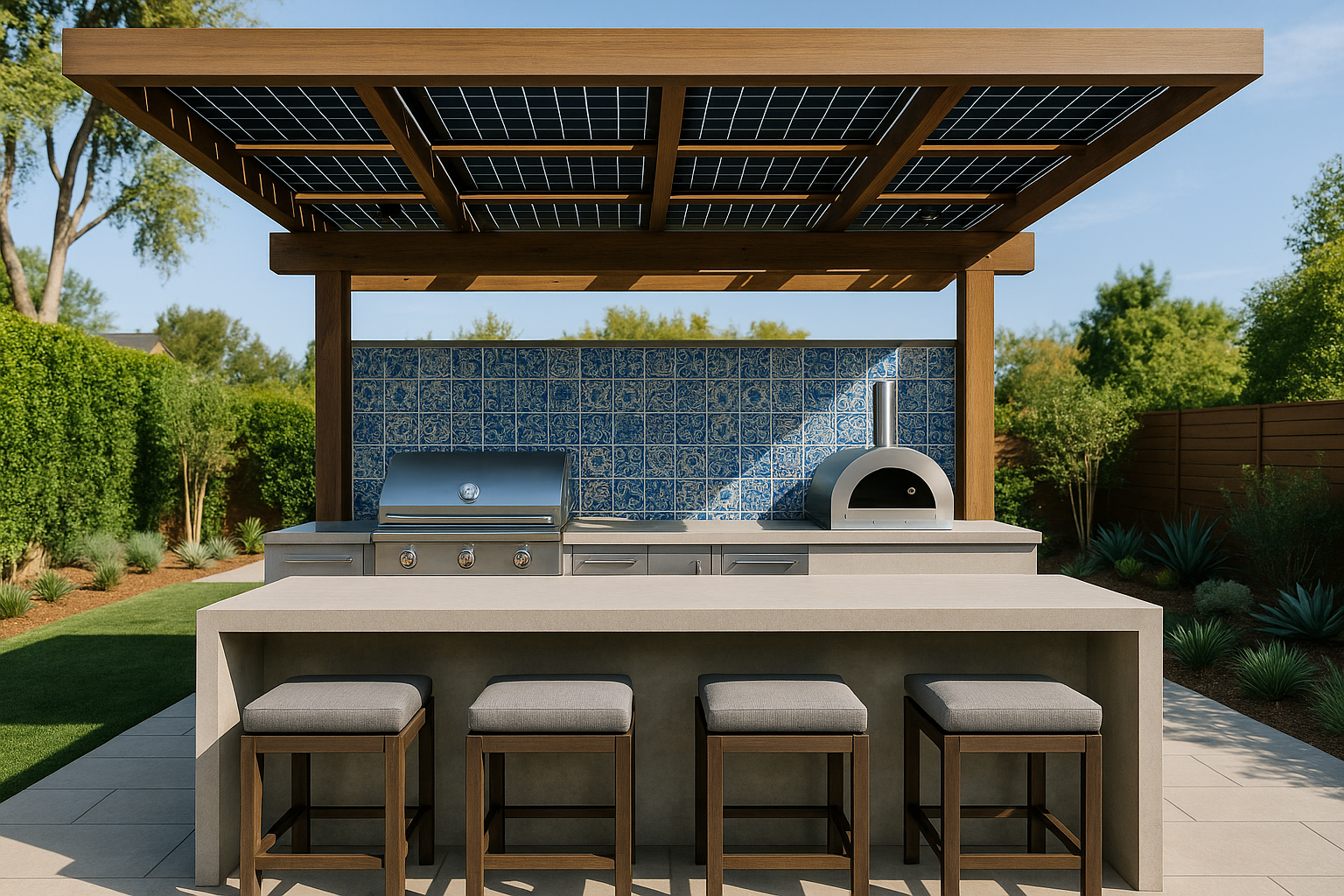 Eco-friendly outdoor kitchen in Culver City with stainless steel appliances, concrete waterfall island, and solar-powered pergola.