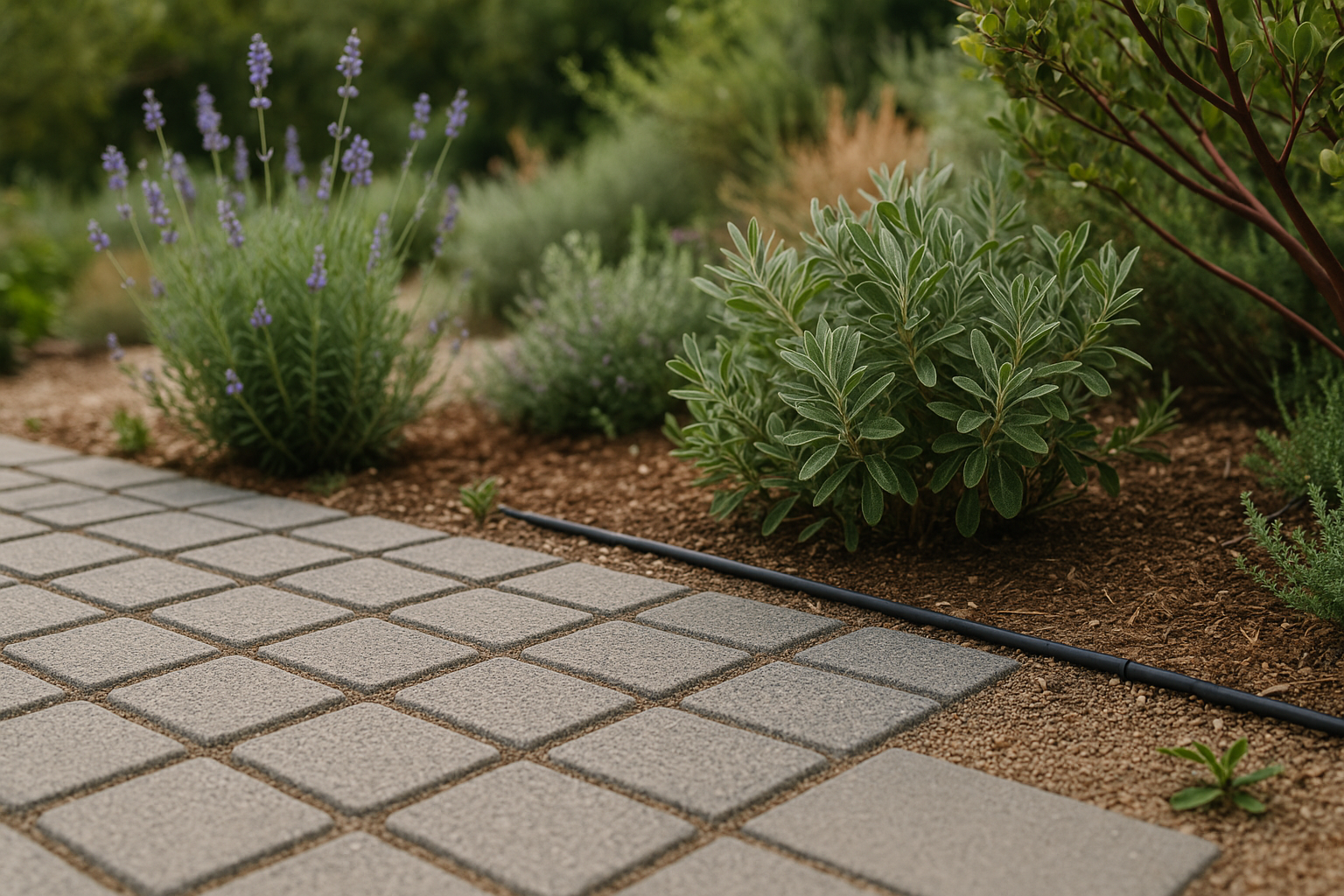 Eco-friendly backyard design with permeable paving and native plants in Beverly Hills, California.