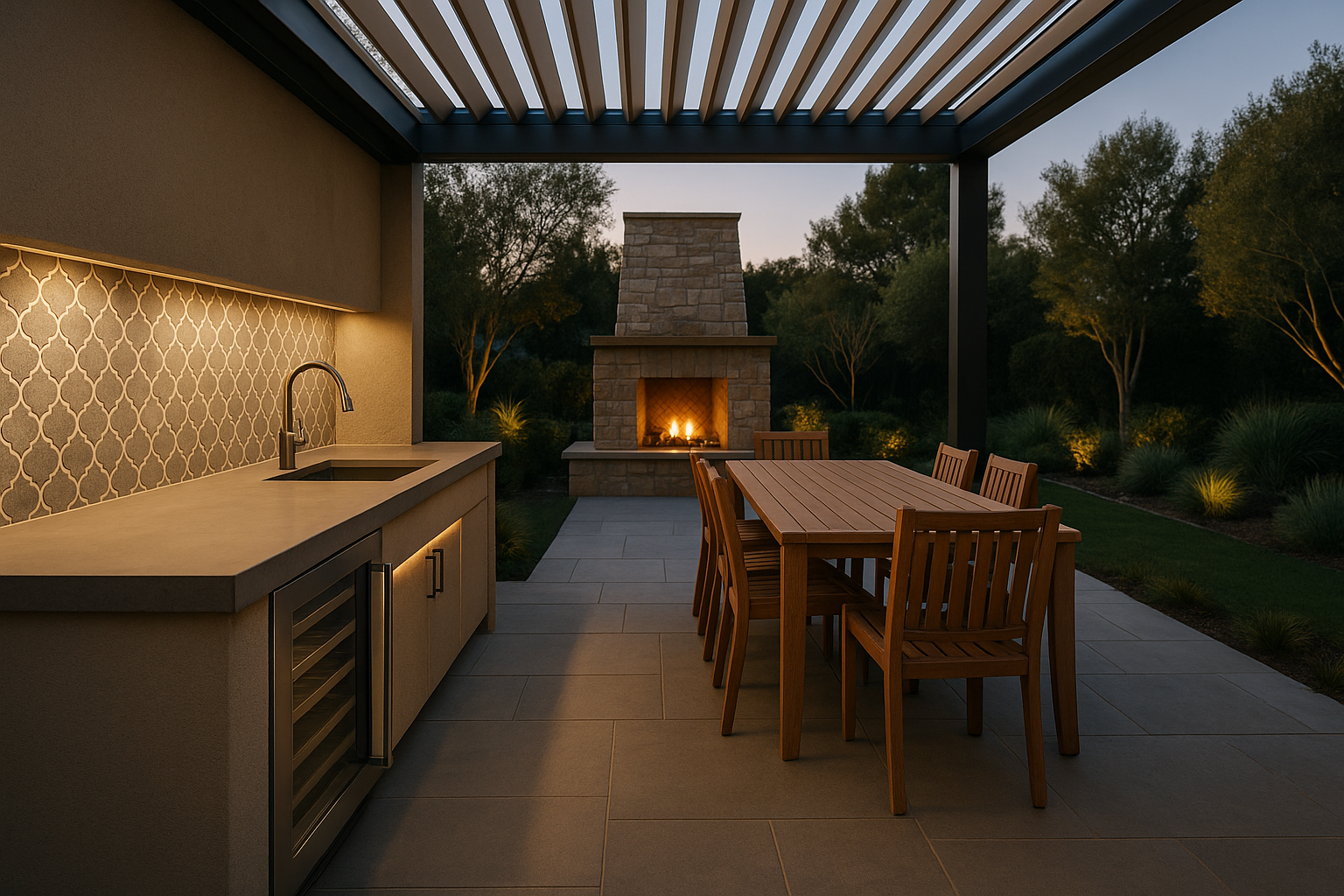 Modern outdoor kitchen and dining area with a fireplace in Pacific Palisades, California.