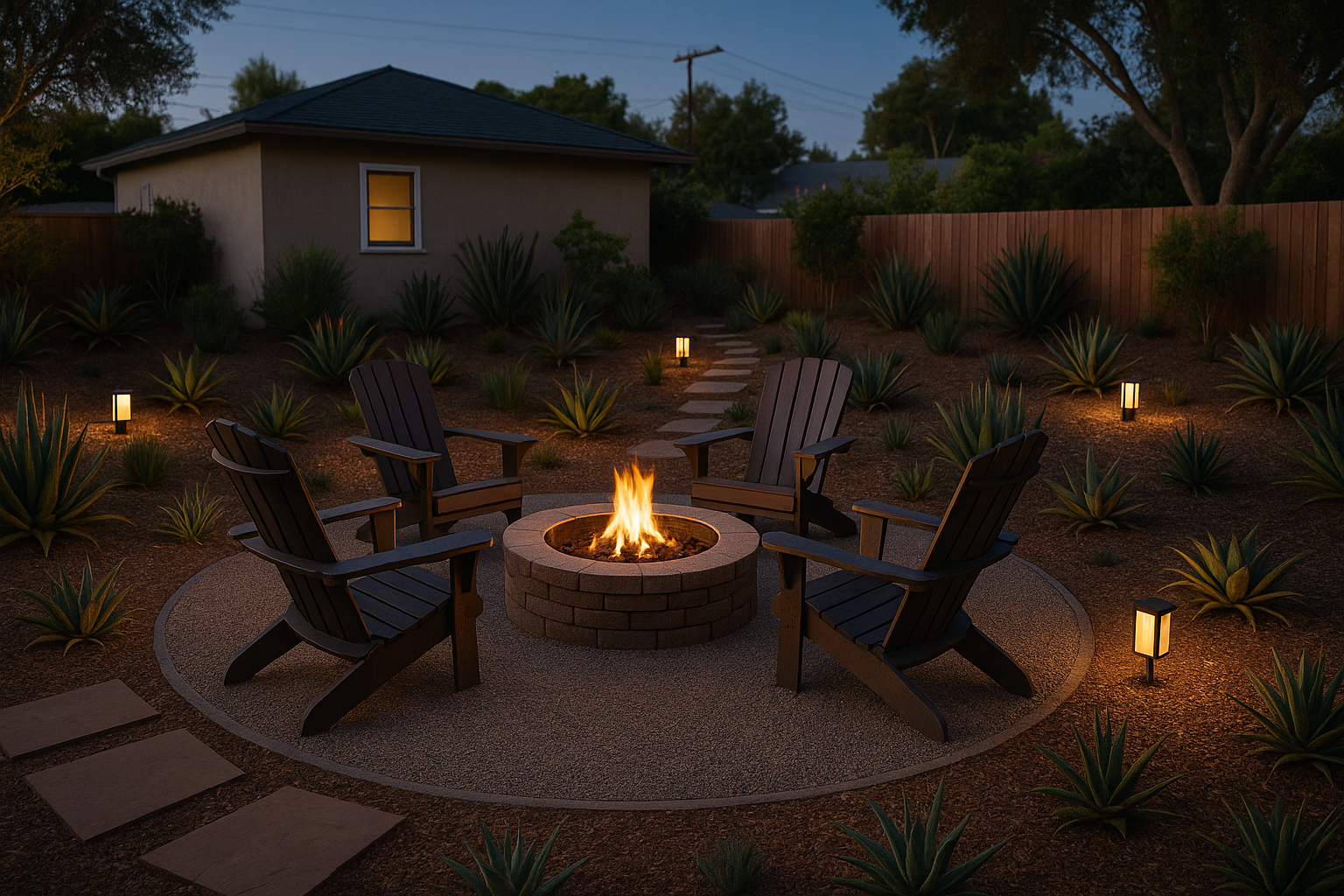 Sustainable outdoor lounge area with a fire pit and native plants in Culver City, California.
