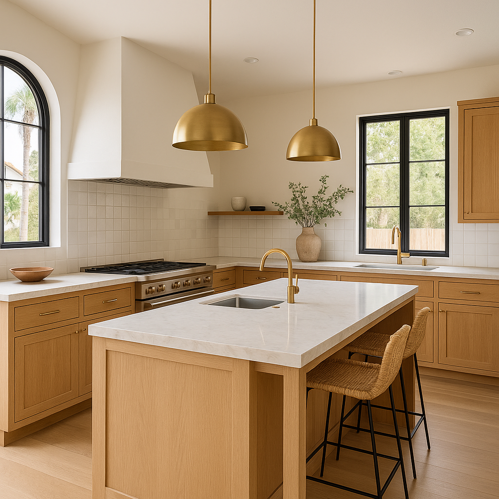 Initial consultation for a kitchen remodel in a Los Angeles home, featuring design plans on a marble island.