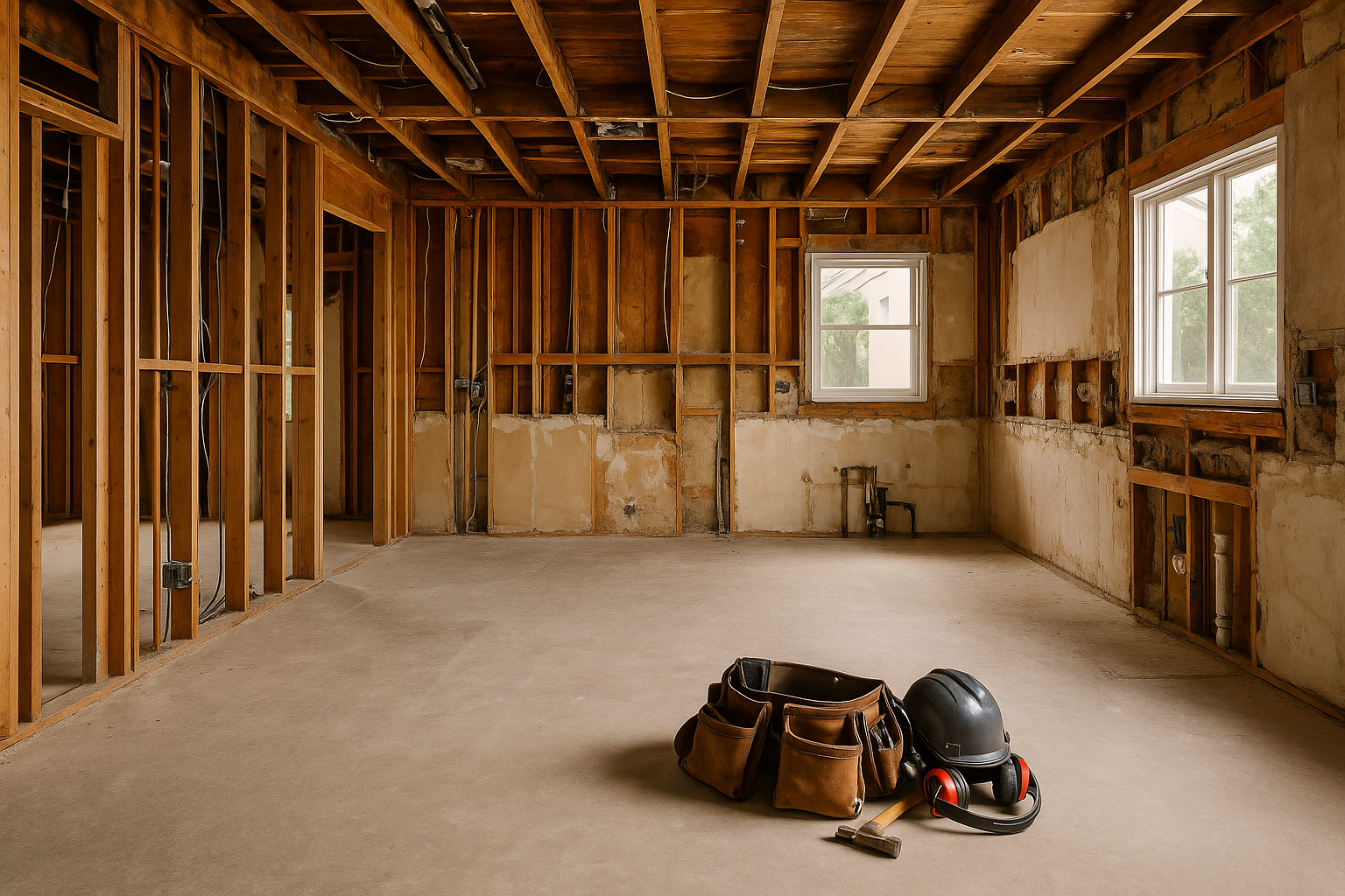 Demolition phase of a kitchen remodel in Beverly Hills, showing exposed walls and construction tools.