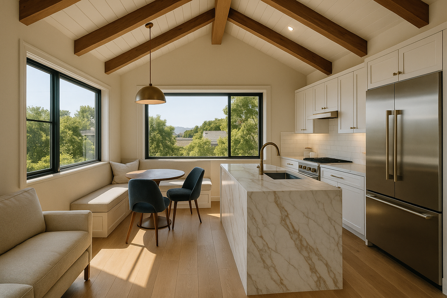 Luxurious ADU interior in San Francisco with vaulted ceilings, white oak flooring, and a Calacatta gold marble kitchen island.