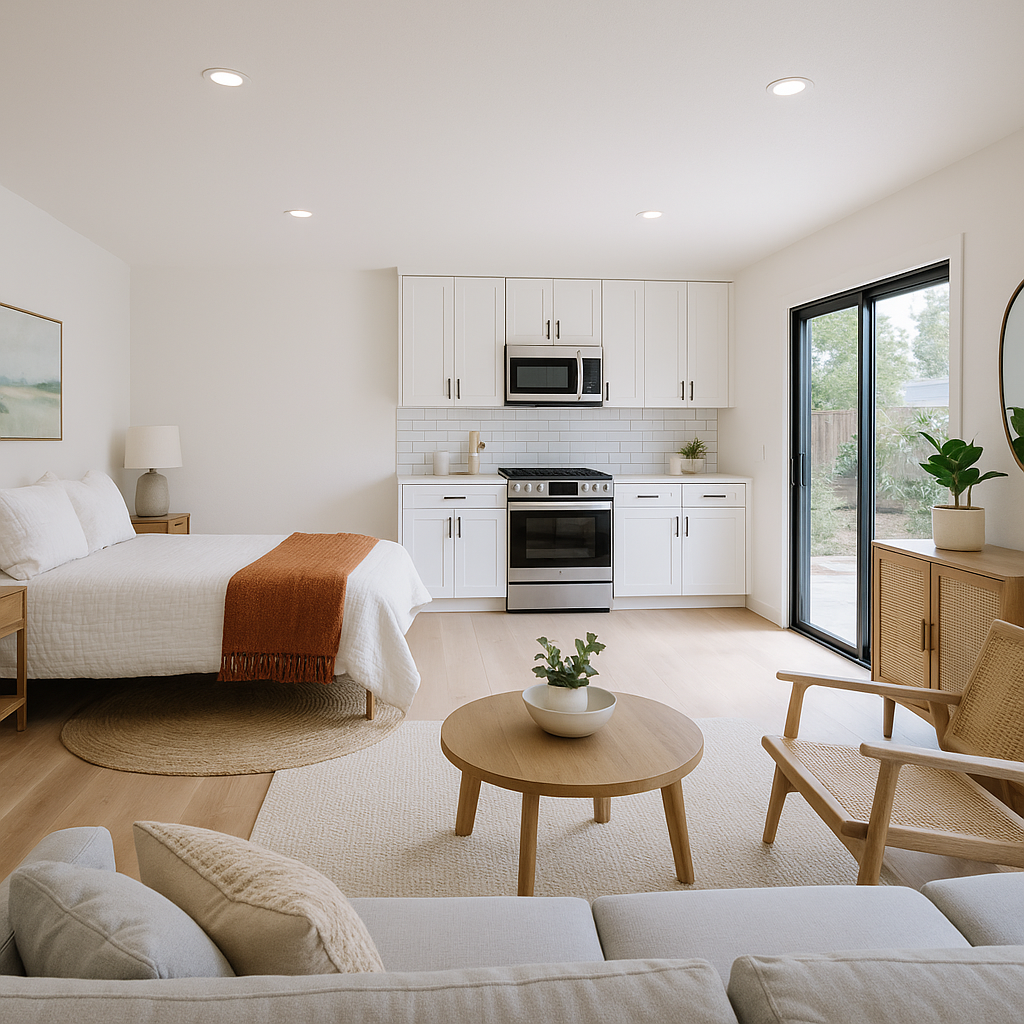 San Francisco ADU interior with a sleeping loft, Moroccan tile backsplash, and butcher block kitchen countertops.
