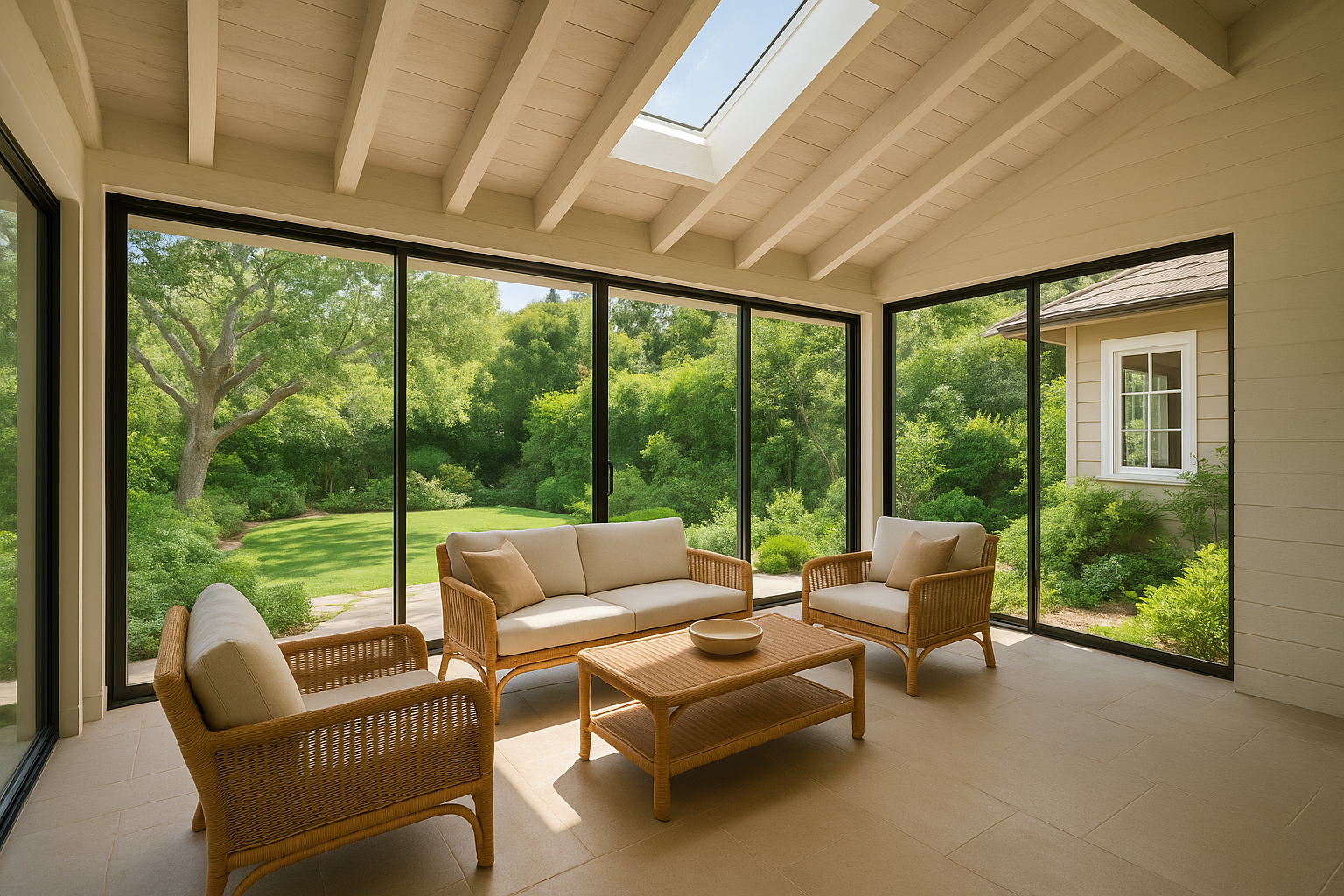 Sunroom addition with steel-and-glass design in Pacific Palisades, California, blending indoor and outdoor spaces.