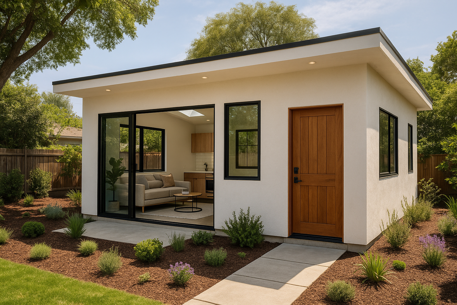 Garage converted to a modern ADU in Mar Vista, Los Angeles, with white stucco walls and landscaped surroundings.