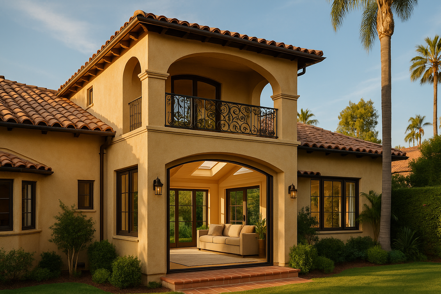 Mediterranean-style second-story addition in Beverly Hills, Los Angeles, with ornate wrought iron balcony and terracotta roof tiles.