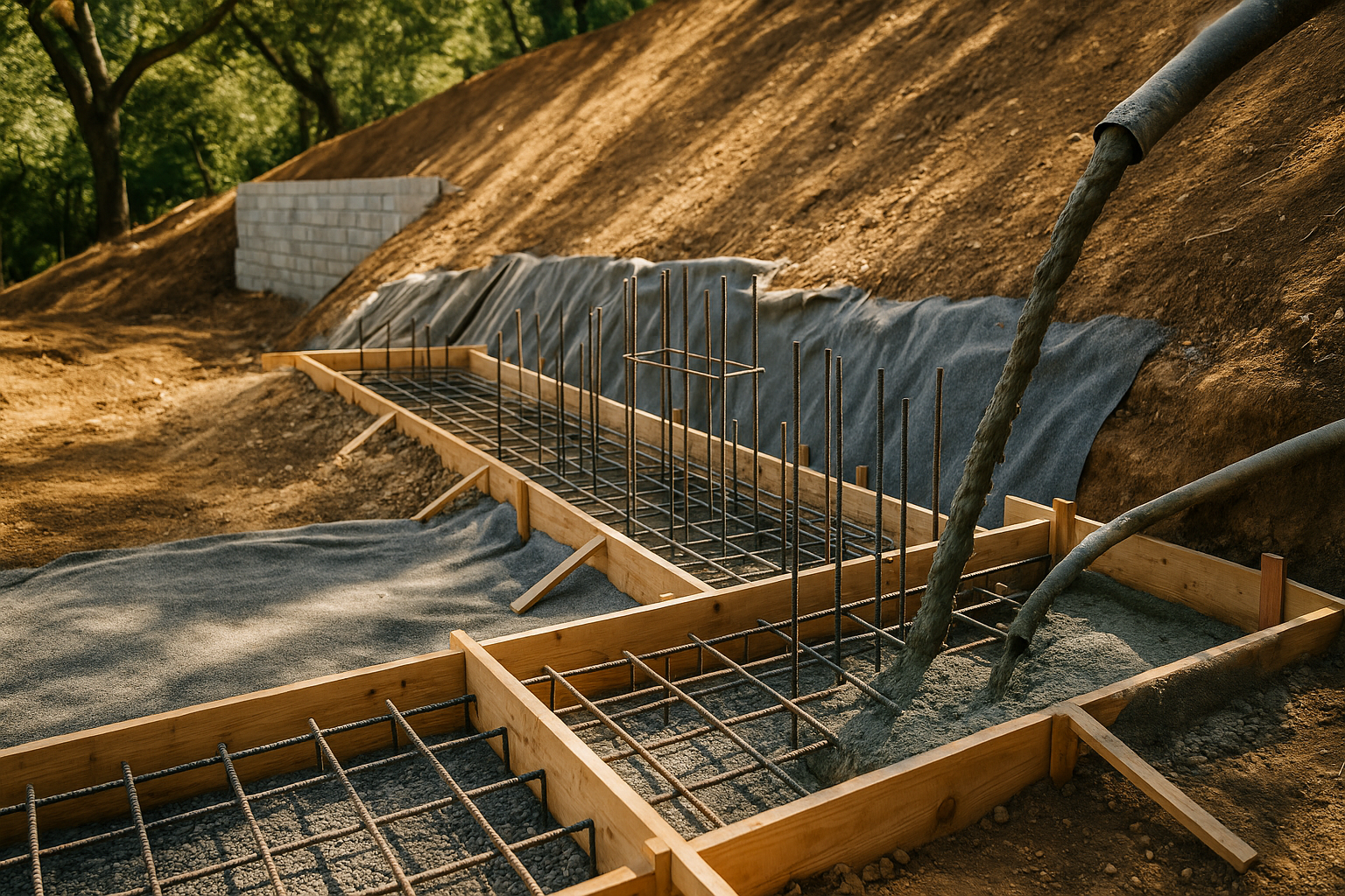 Close-up of foundation installation on a sloped lot in Hillsborough, California, showcasing rebar, concrete pouring, and soil stabilization techniques.