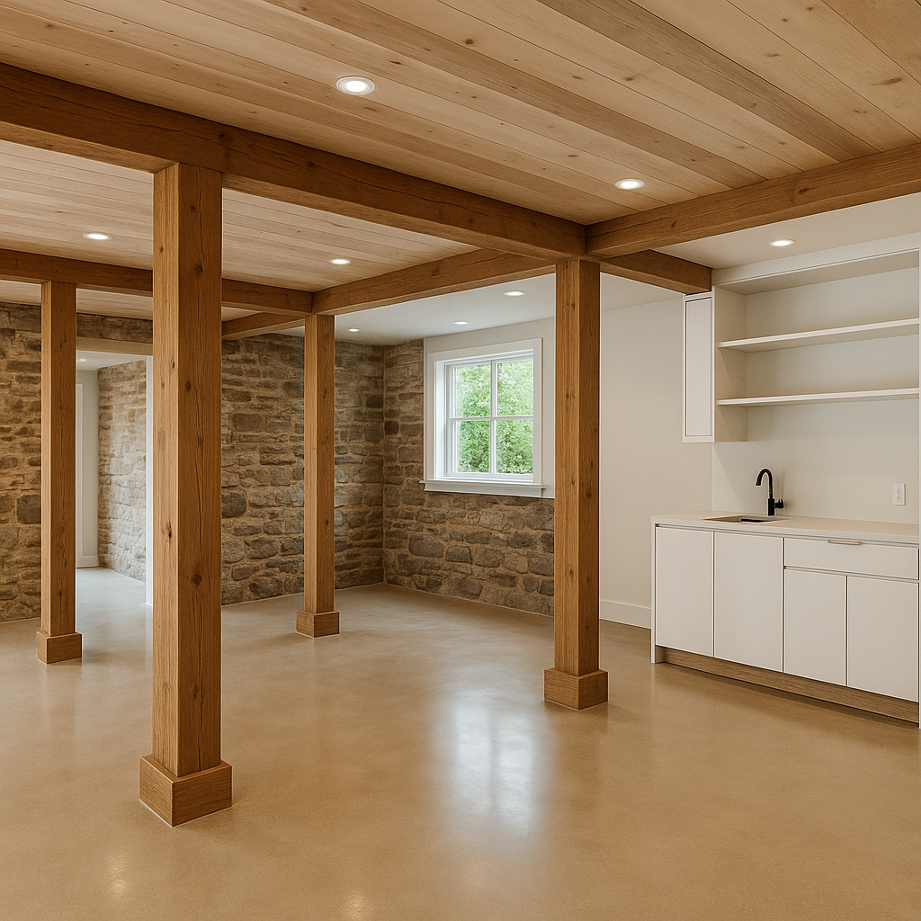 Interior view of a Hillsborough home during foundation repair, showing reinforced concrete piers and steel beams stabilizing the structure.