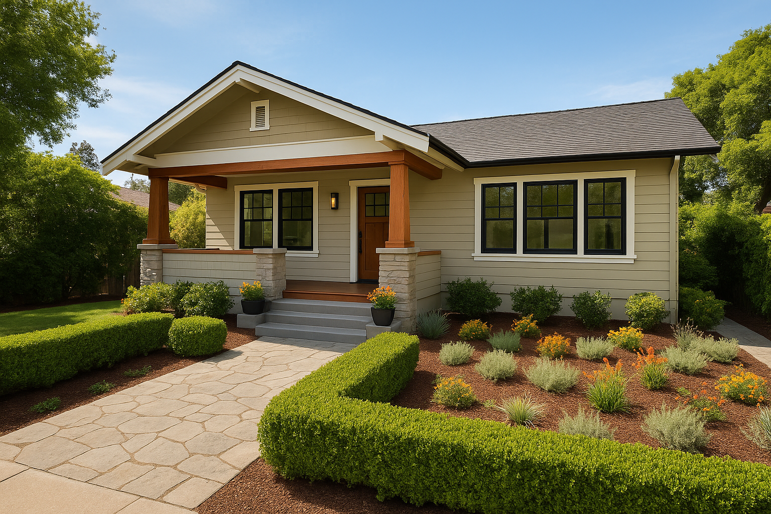 Exterior of a Burlingame home with modern upgrades and Craftsman-style details after full remodeling.