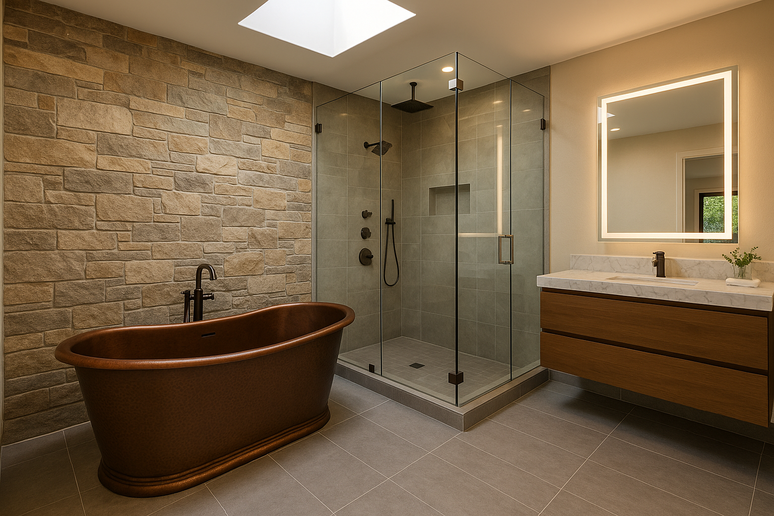 Luxury master bathroom remodel in Menlo Park, California, featuring spa-inspired design elements including a copper tub and rainfall shower.