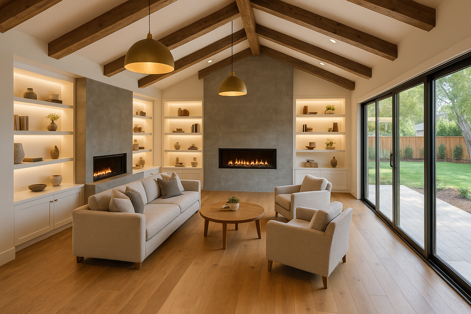 Open-concept living room remodel in Menlo Park, California, featuring vaulted ceilings, oak flooring, and a modern fireplace.