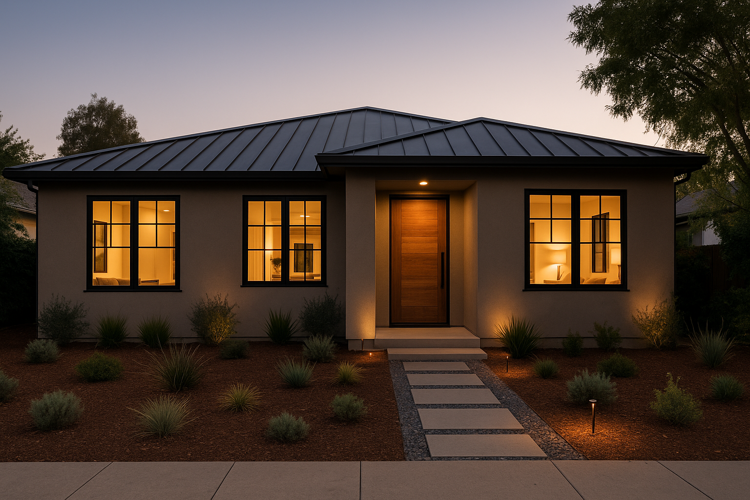 Modern Menlo Park home exterior remodel with stucco facade, metal roof, and drought-resistant landscaping.