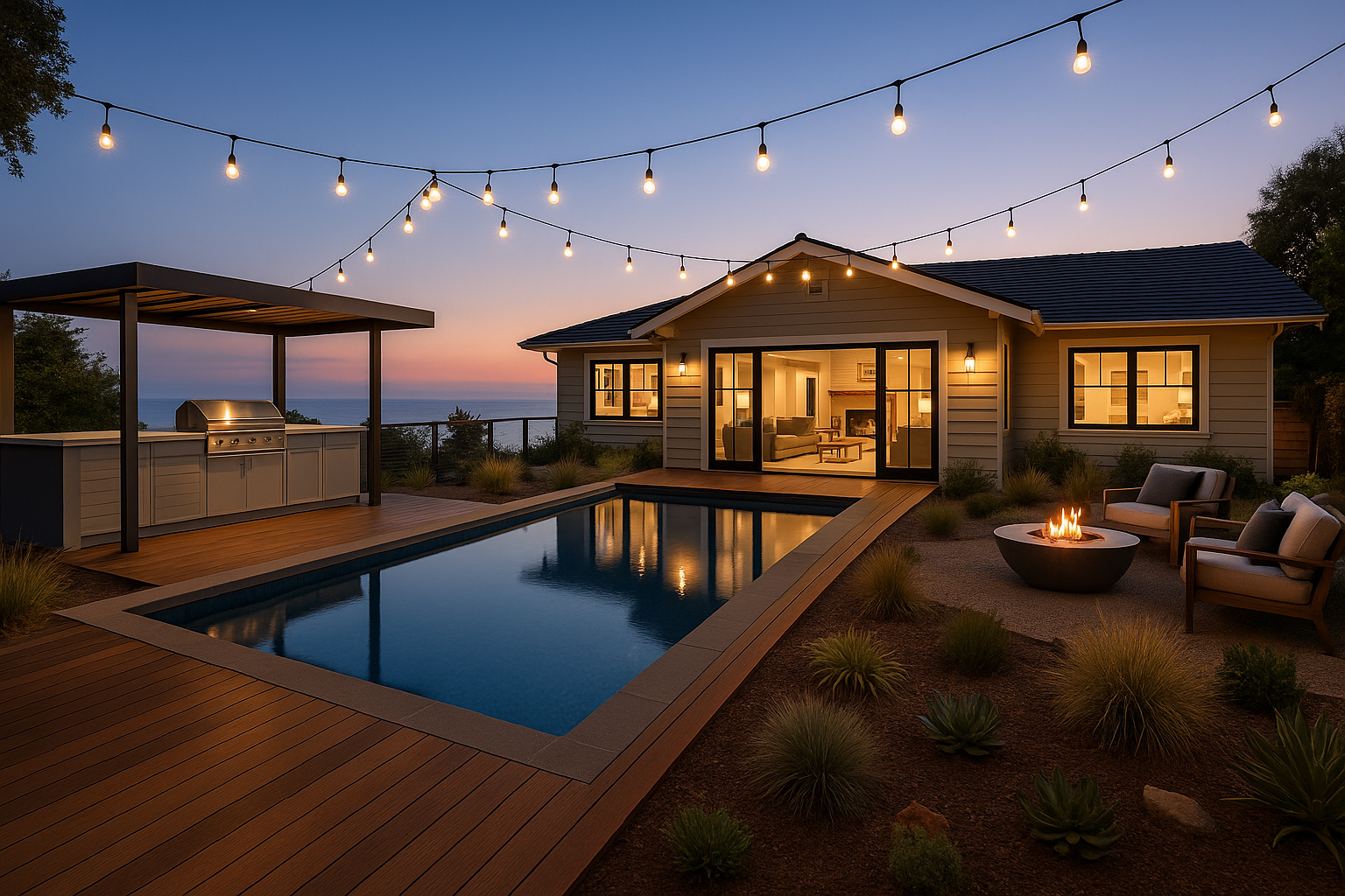 Twilight backyard view of a Santa Monica home with infinity pool and outdoor kitchen overlooking the Pacific Ocean.