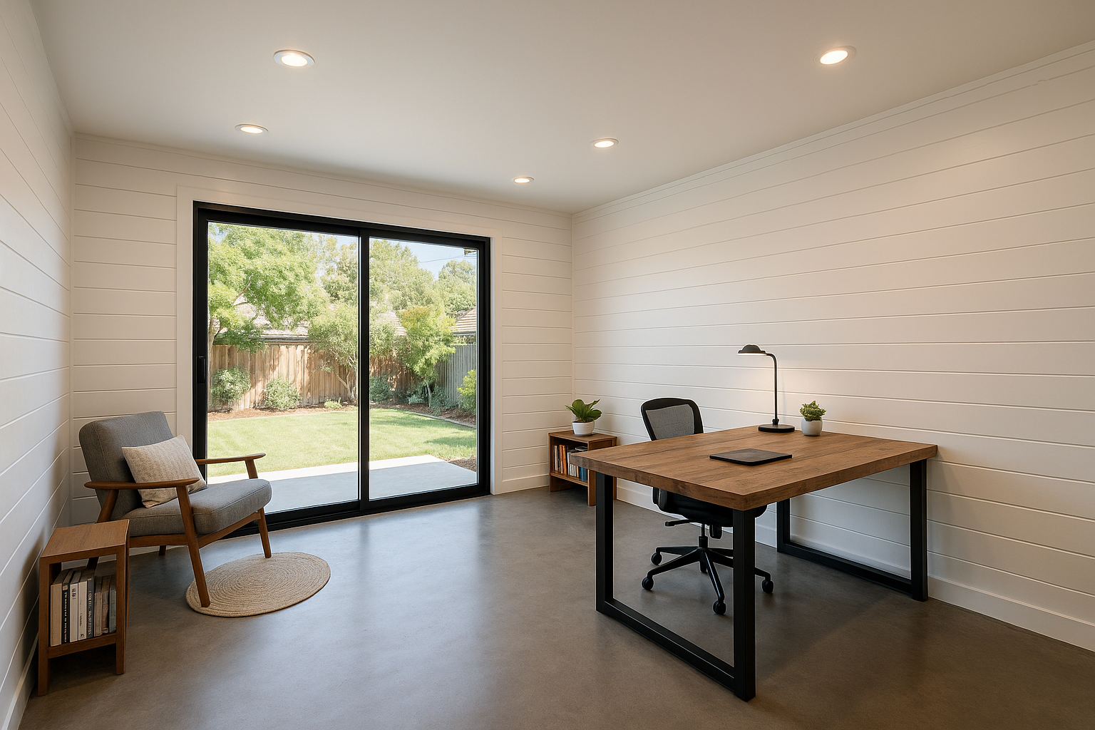 Interior of a garage conversion turned into a modern home office in Pasadena, California.