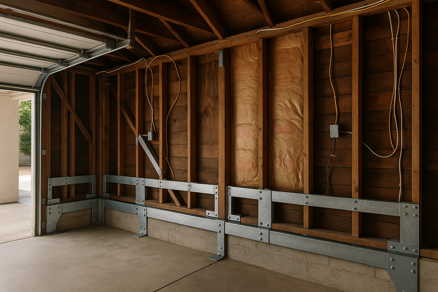 Seismic retrofitting work inside an older garage in Pasadena, California, showing steel brackets and beams.