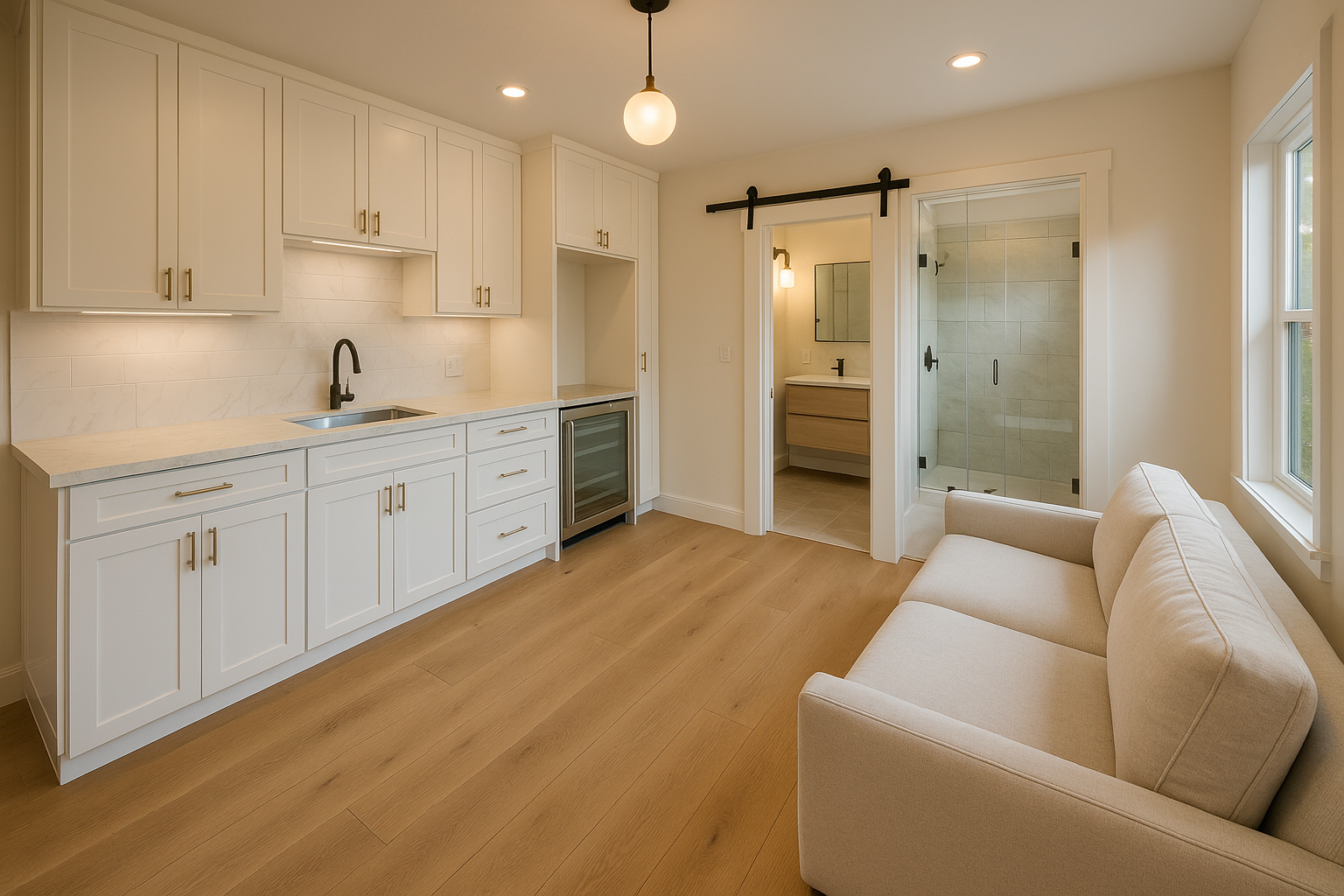 Interior of a newly built ADU in Pasadena, California, with a kitchenette, living area, and visible bathroom.