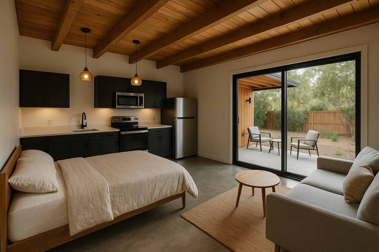 Interior of a converted garage into a studio apartment in Agoura Hills, California, with modern design elements and natural lighting.