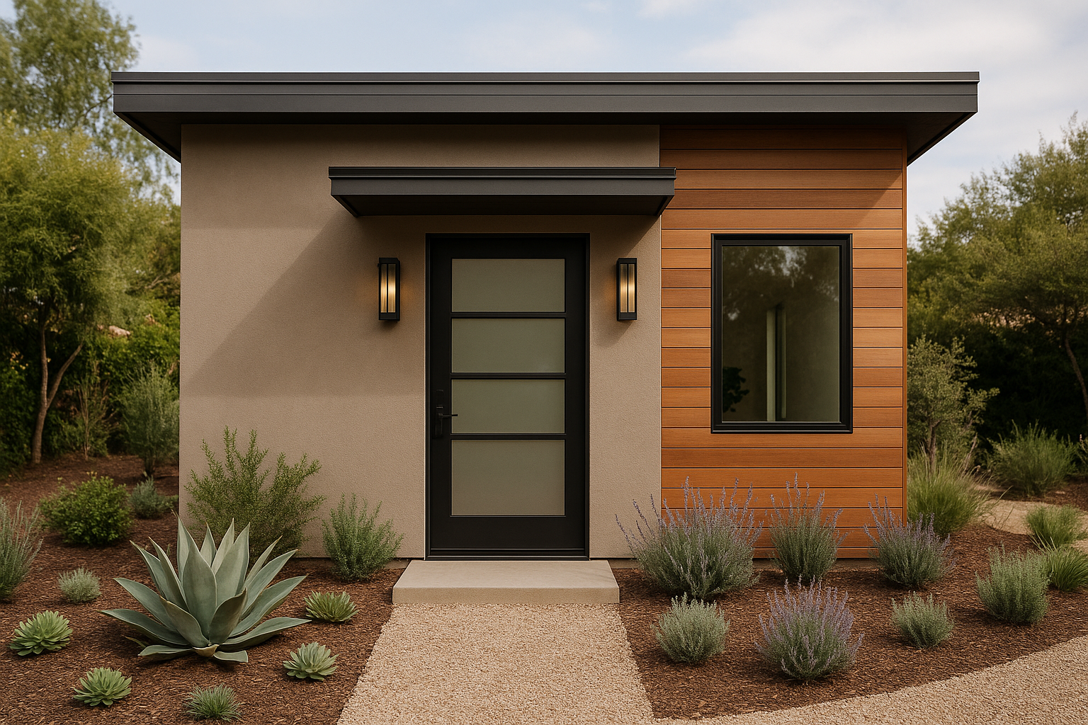 Exterior of a detached ADU in Agoura Hills, California, featuring modern stucco and wood design with drought-tolerant landscaping.