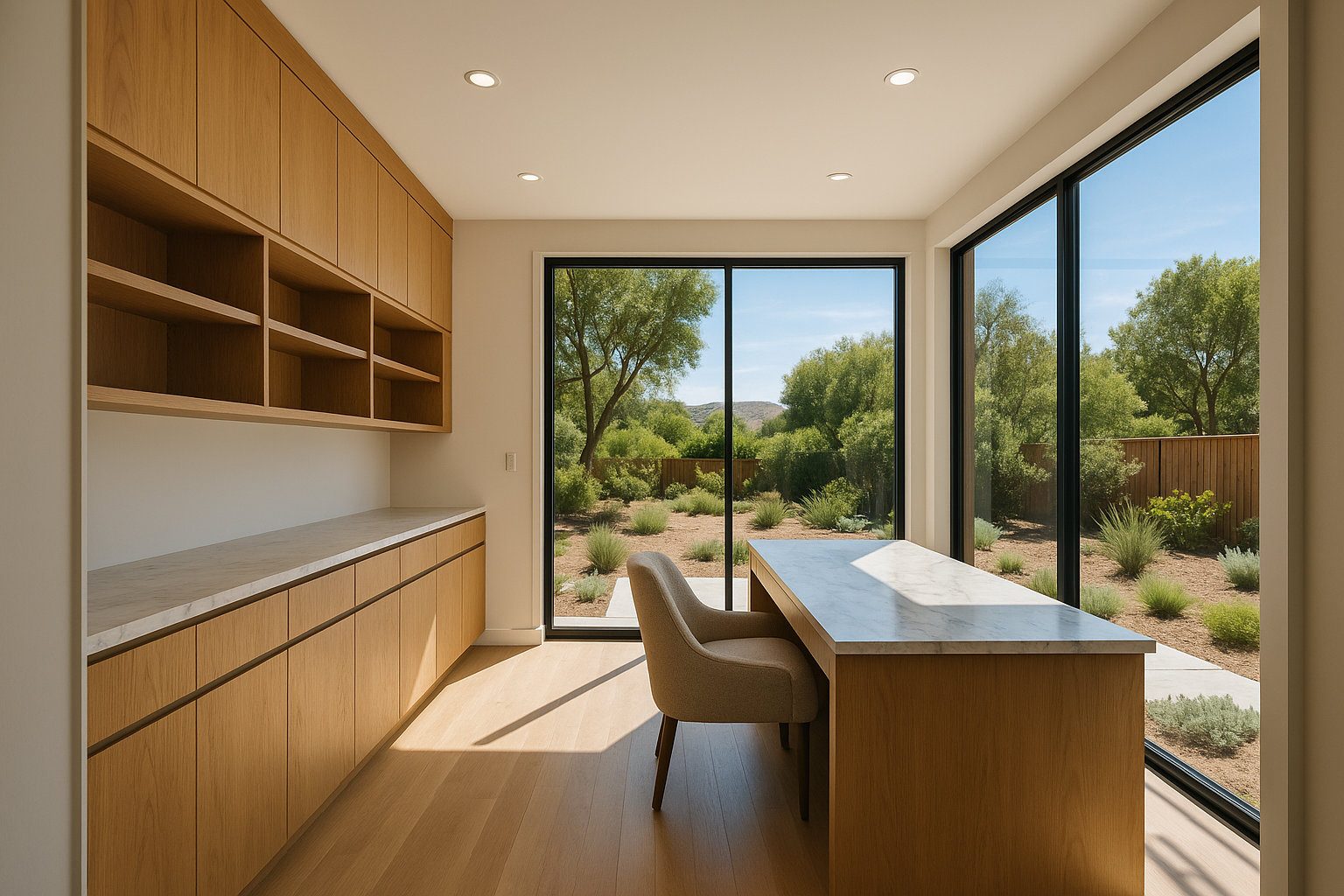 Garage conversion into a home office in Agoura Hills, California, with custom cabinetry, marble desk, and floor-to-ceiling windows overlooking the backyard.