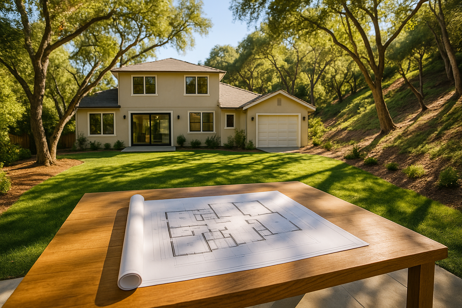 Site evaluation for a residential construction project in Calabasas, California, showing architects and contractors reviewing blueprints.