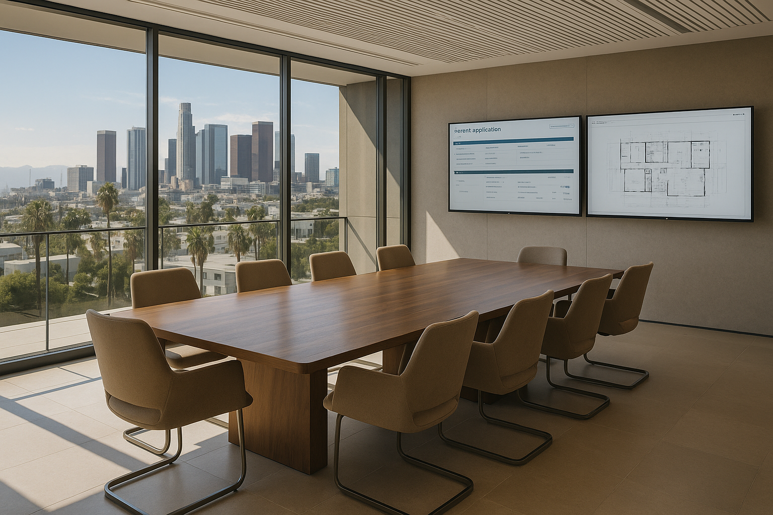 Permitting process for construction in Los Angeles, California, featuring a modern office with a team reviewing architectural plans.