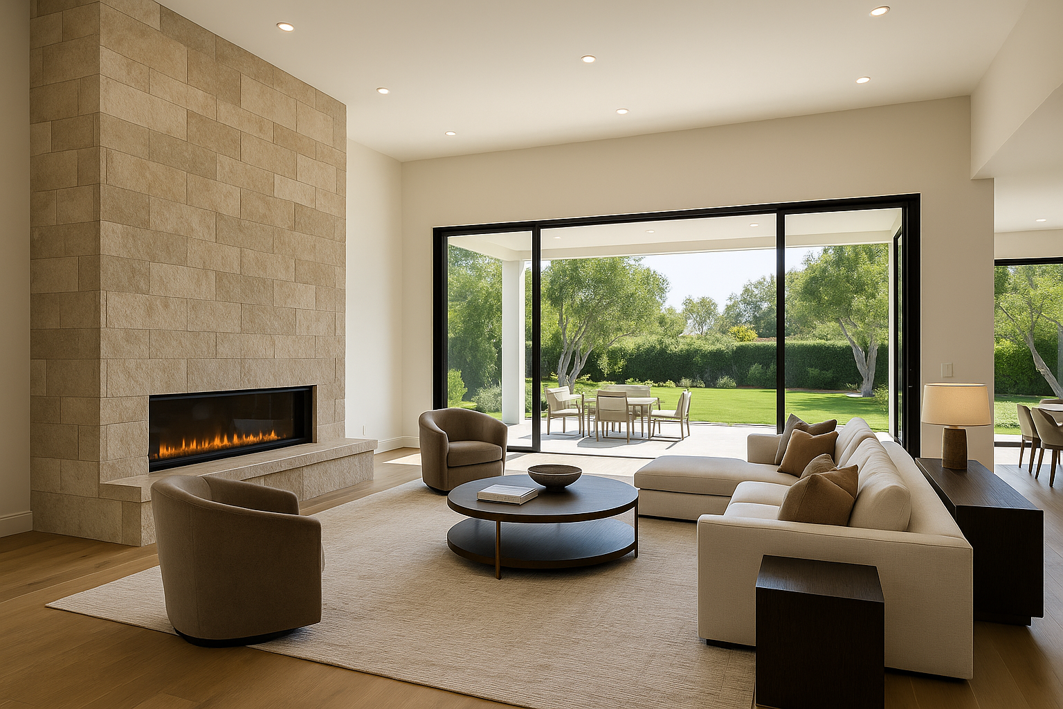 Luxury home remodel in Calabasas, California, featuring an open-plan living room with high ceilings and glass sliding doors to a patio.