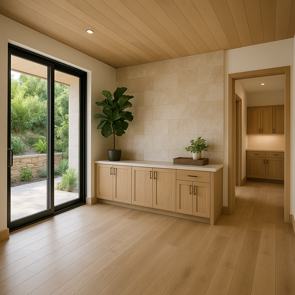 Luxury master bathroom remodel in Pasadena with a copper soaking tub, stone accent wall, and rainfall shower.