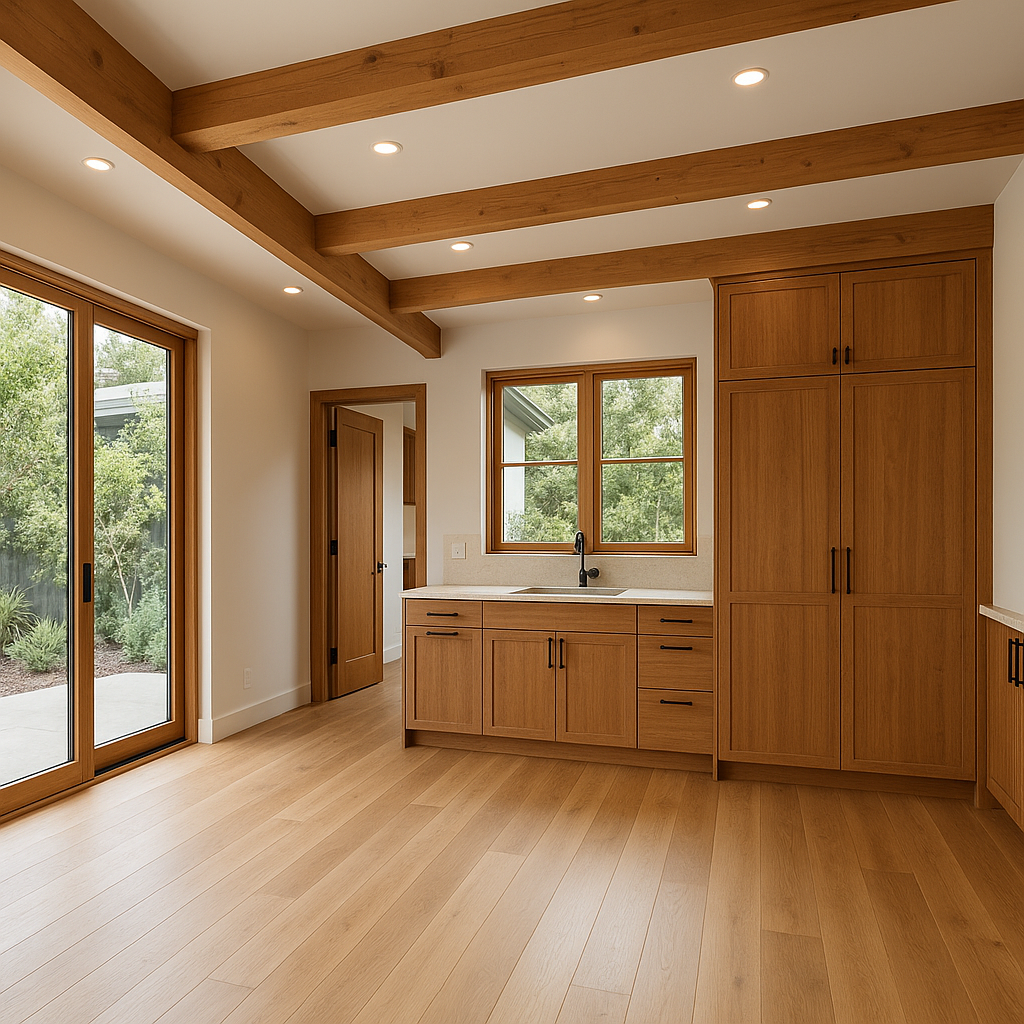 Luxurious living room remodel in Pasadena with coffered ceilings, marble fireplace, and mountain views.