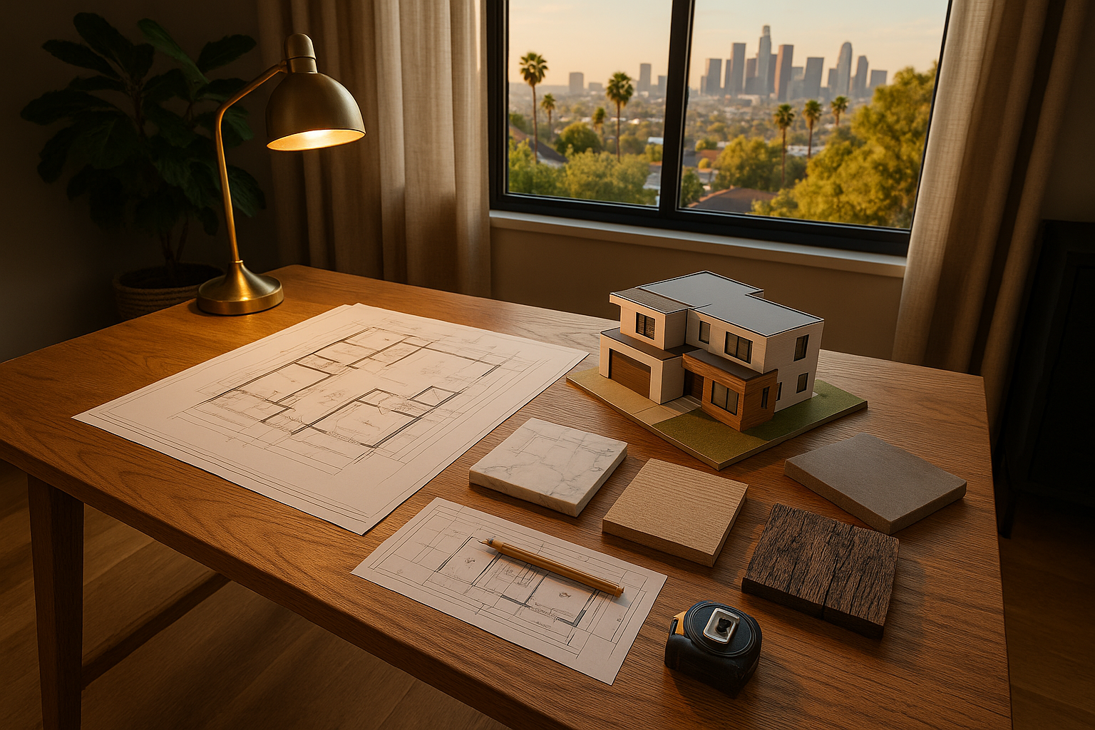 General contractor's desk with architectural blueprints and materials samples in a San Fernando Valley home office.