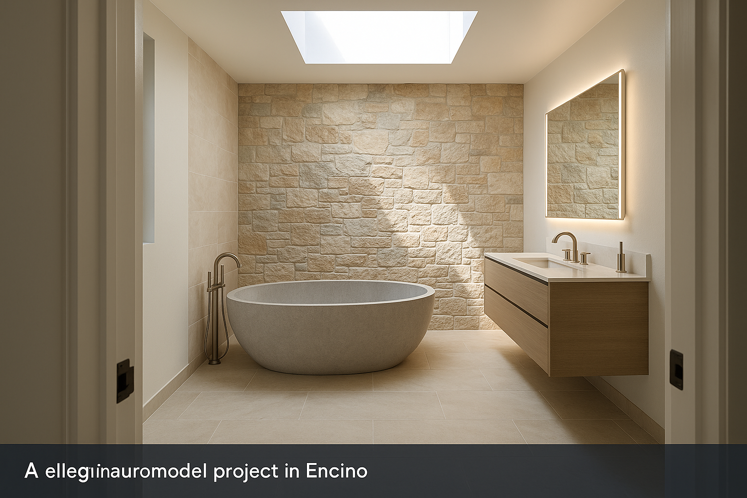 Luxurious bathroom remodel in Encino with a freestanding stone tub and natural stone accent wall.