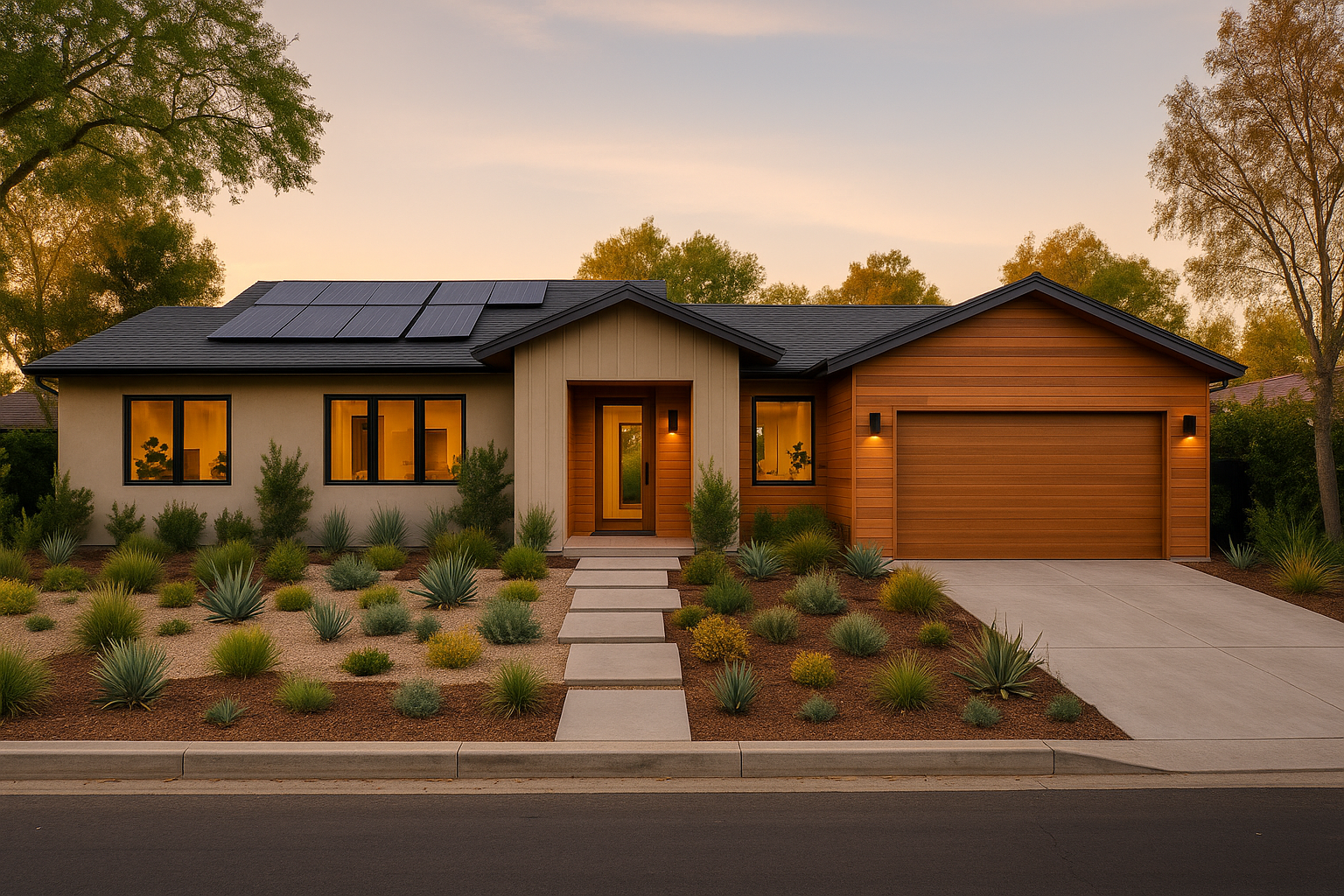 Modern family home in Studio City with solar panels and drought-resistant landscaping post-remodel.
