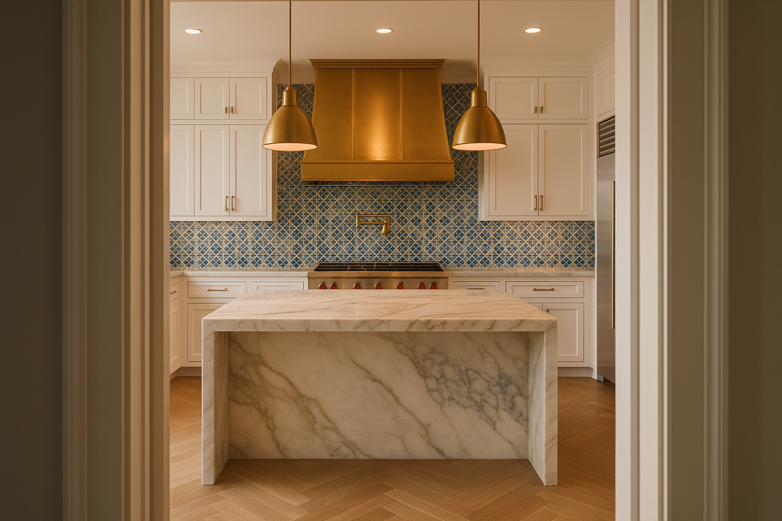 Luxury kitchen remodel in Sherman Oaks featuring Calacatta marble waterfall island, brass hardware, and high-end appliances.
